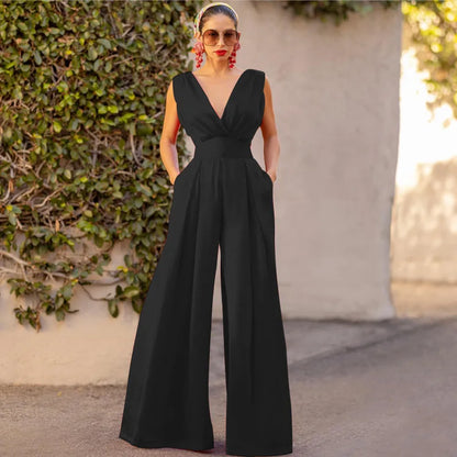 2025 Fashion Summer New Pattern Slim Jumpsuits High Waist V-Neck Sleeveless Straight Trousers Solid Color Womens Clothing Glamsta™