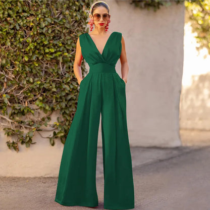 2025 Fashion Summer New Pattern Slim Jumpsuits High Waist V-Neck Sleeveless Straight Trousers Solid Color Womens Clothing Glamsta™